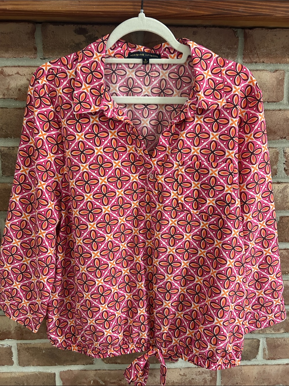 Adrienne Vittadini Pink Orange Geometric Tie-Hem Blouse